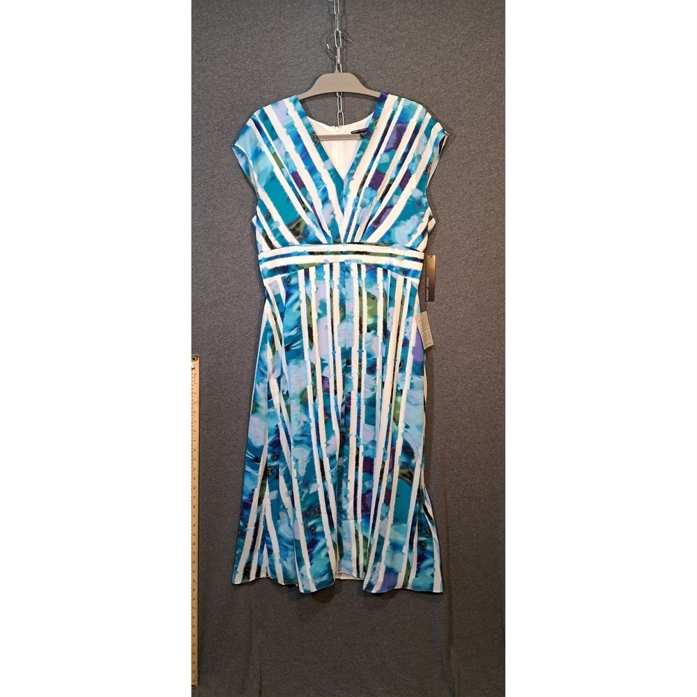 Maggy London‎ V Neck Cap Sleeve Watercolor Stripe Midi Maxi Dress Plus Size 12
